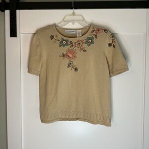 Vtg Alfred Dunner Sweater Petite Large Beige Floral Embroidered Grandmacore‎
